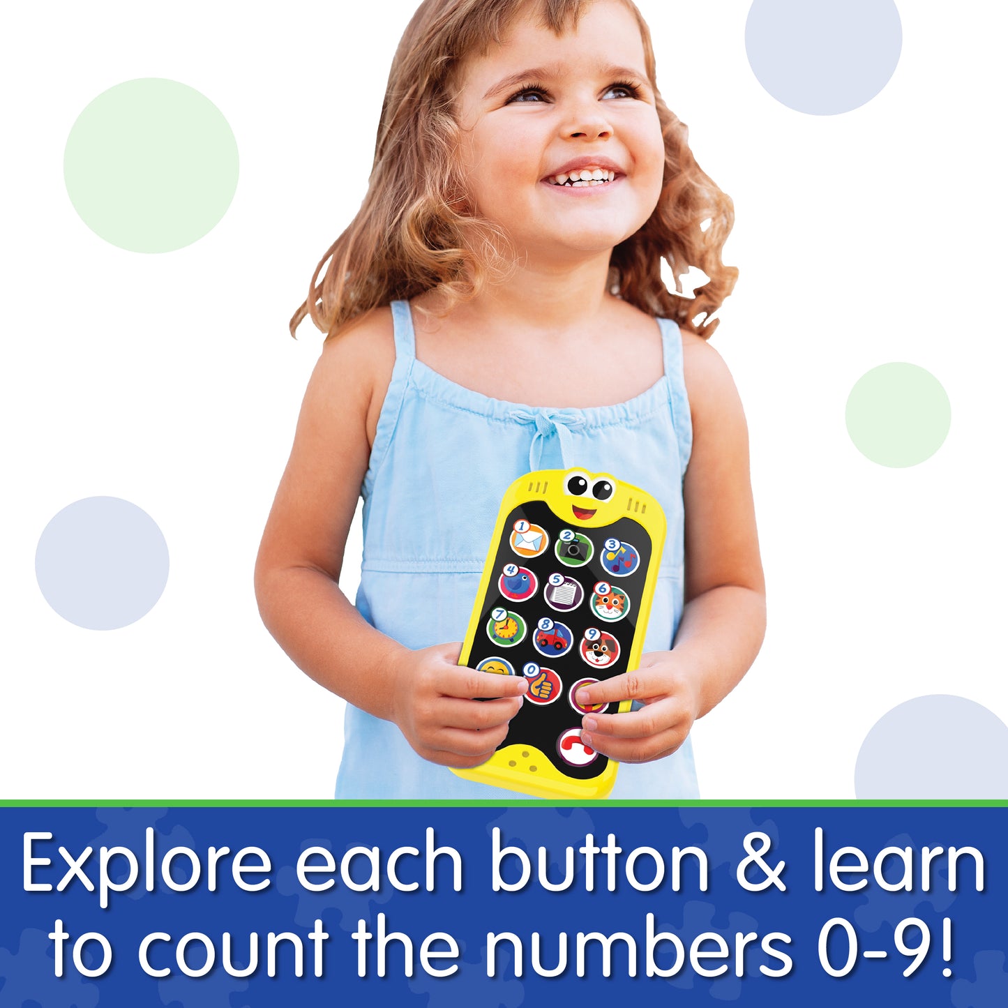 Infographic about On The Go Phone that says, "Explore each button and learn to count the numbers 0 through 9!"