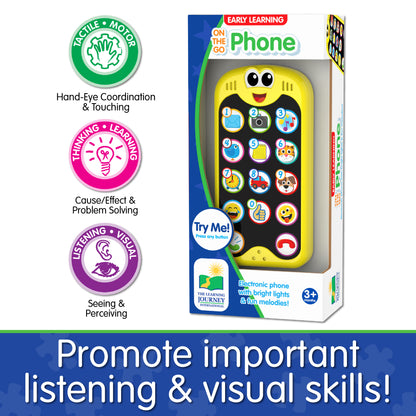Infographic about On The Go Phone's educational benefits that says, "Promote important listening and visual skills!"