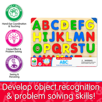 Infographic of Lift and Learn ABC Puzzle's educational benefits that reads "Develop object recognition and problem solving skills!"