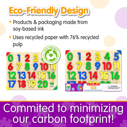 Infographic of Lift and Learn 123 Puzzle's eco-friendly design that reads, "Committed to minimizing our carbon footprint!"
