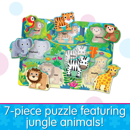 Infographic about My First Lift and Learn Jungle Puzzle that says, "7-piece puzzle featuring jungle animals!"