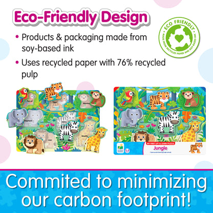 Infographic about My First Lift and Learn Jungle Puzzle's eco-friendly design that says, "Committed to minimizing our carbon footprint!"