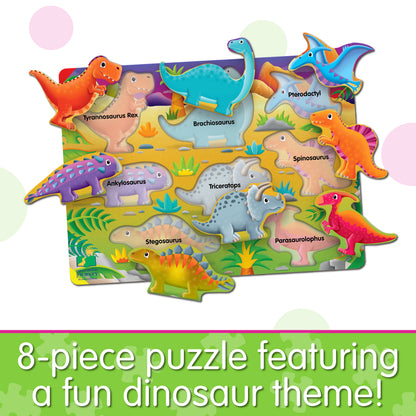 Infographic about My First Lift and Learn Dinosaur Puzzle that says, "8-piece puzzle featuring a fun dinosaur theme!"