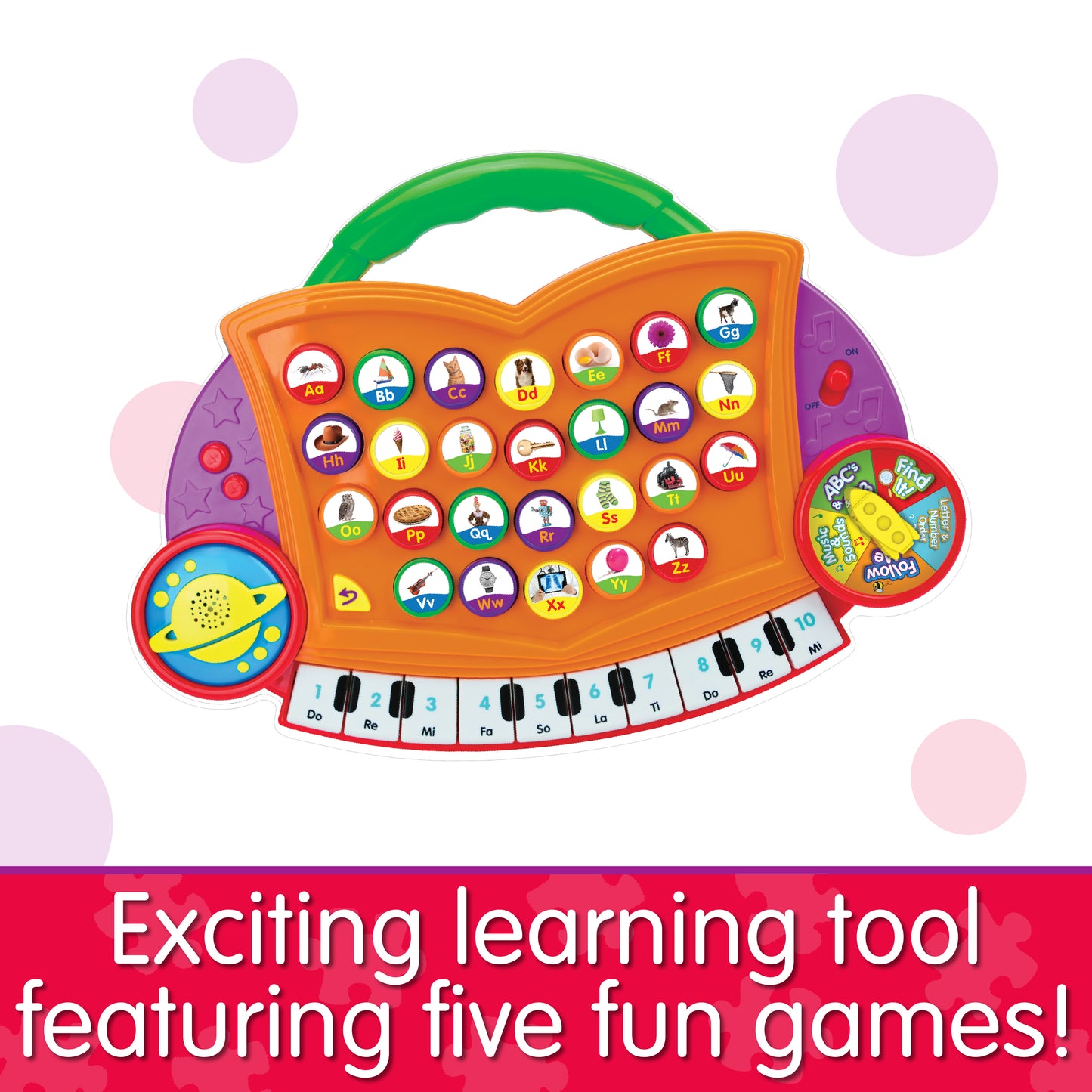Infographic of ABC Melody Maker that reads "Exciting learning tool featuring five fun games!"