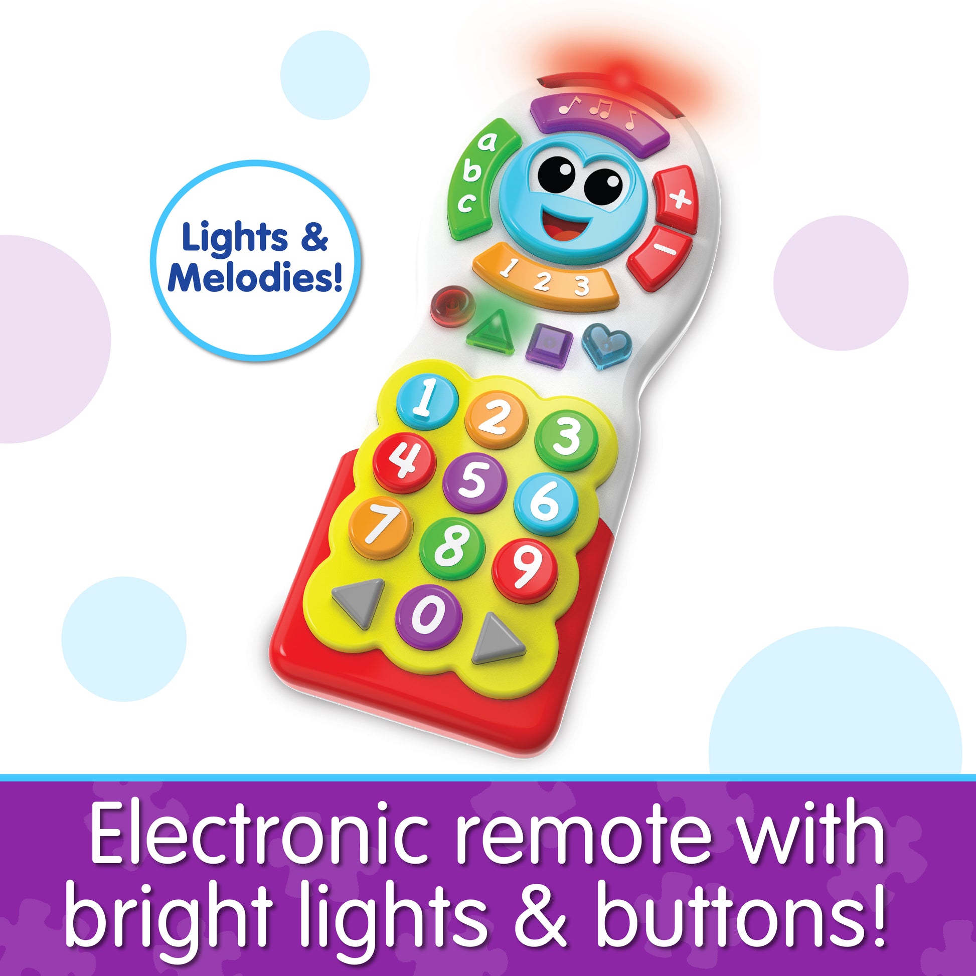 Infographic about On The Go Remote that says, "Electronic remote with bright lights and buttons!"