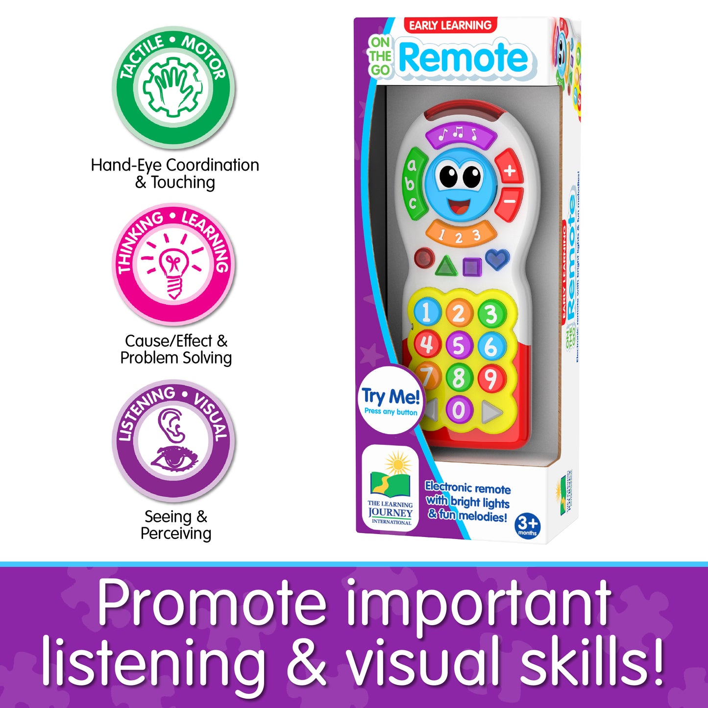 Infographic about On The Go Remote's educational benefits that says, "Promote important listening and visual skills!"