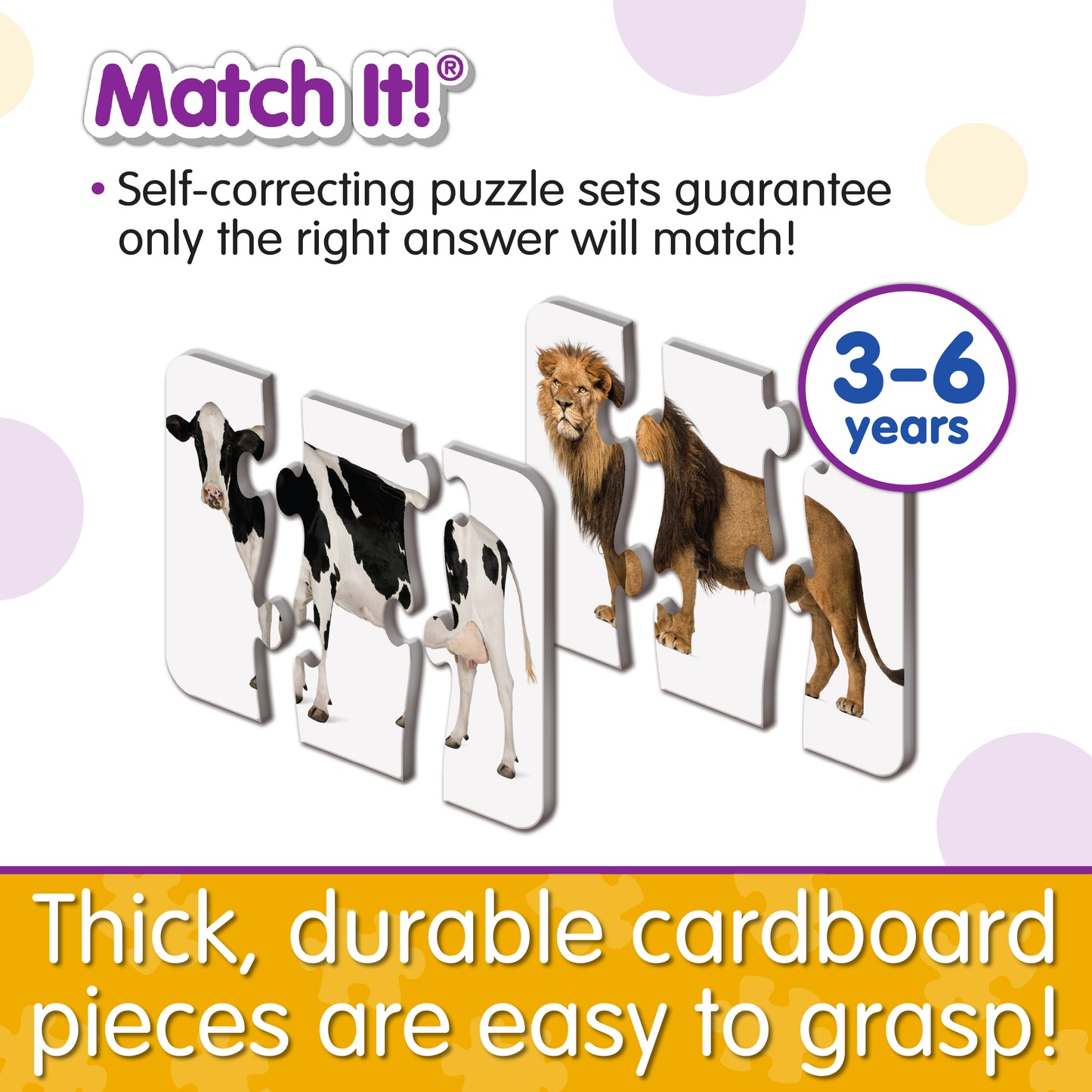 Infographic about Match It - Head to Tail's features that says, "Thick, durable cardboard pieces are easy to grasp!"