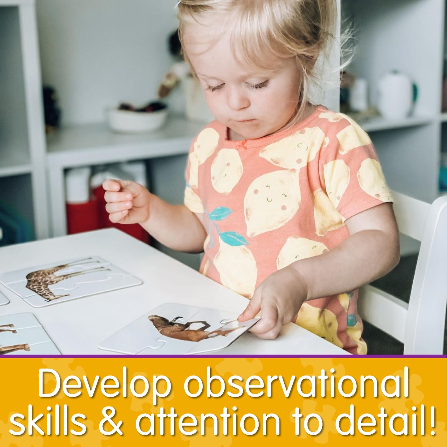 Infographic of young girl playing Match It - Head to Tail that says, "Develop observational skills and attention to detail!"