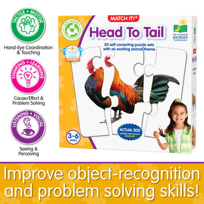 Infographic about Match It - Head to Tail's educational benefits that says, "Improve object-recognition and problem solving skills!"
