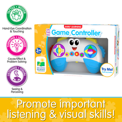 Infographic about On The Go Controller's educational benefits that says, "Promote important listening and visual skills!"