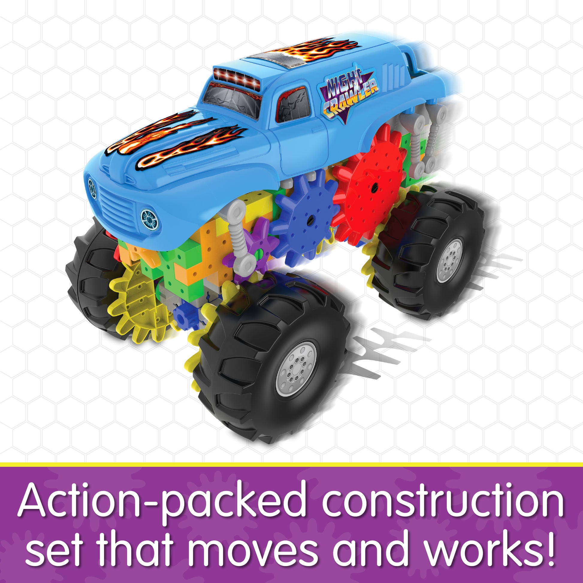 Infographic about Night Crawler that says, "Action-packed construction set that moves and works!"