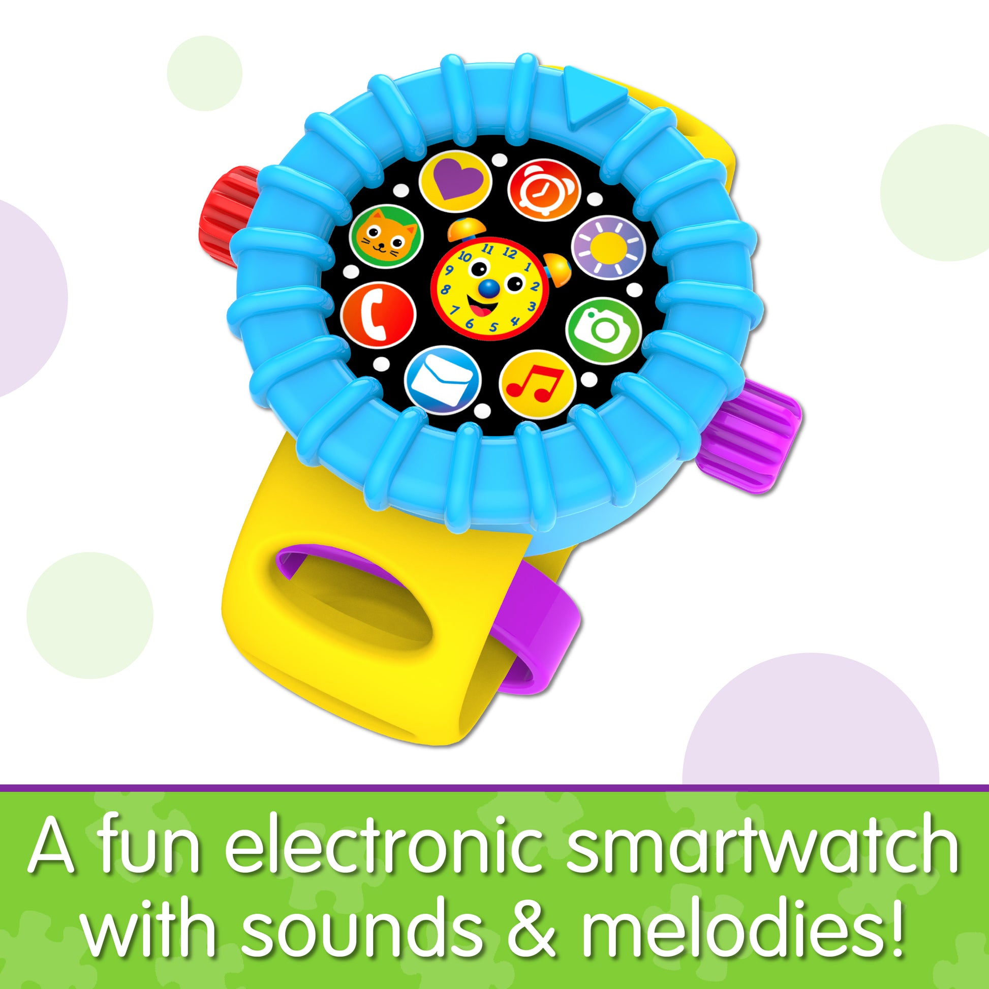 Infographic about On The Go Telly Smartwatch that says, "A fun electronic smartwatch with sounds & melodies!"