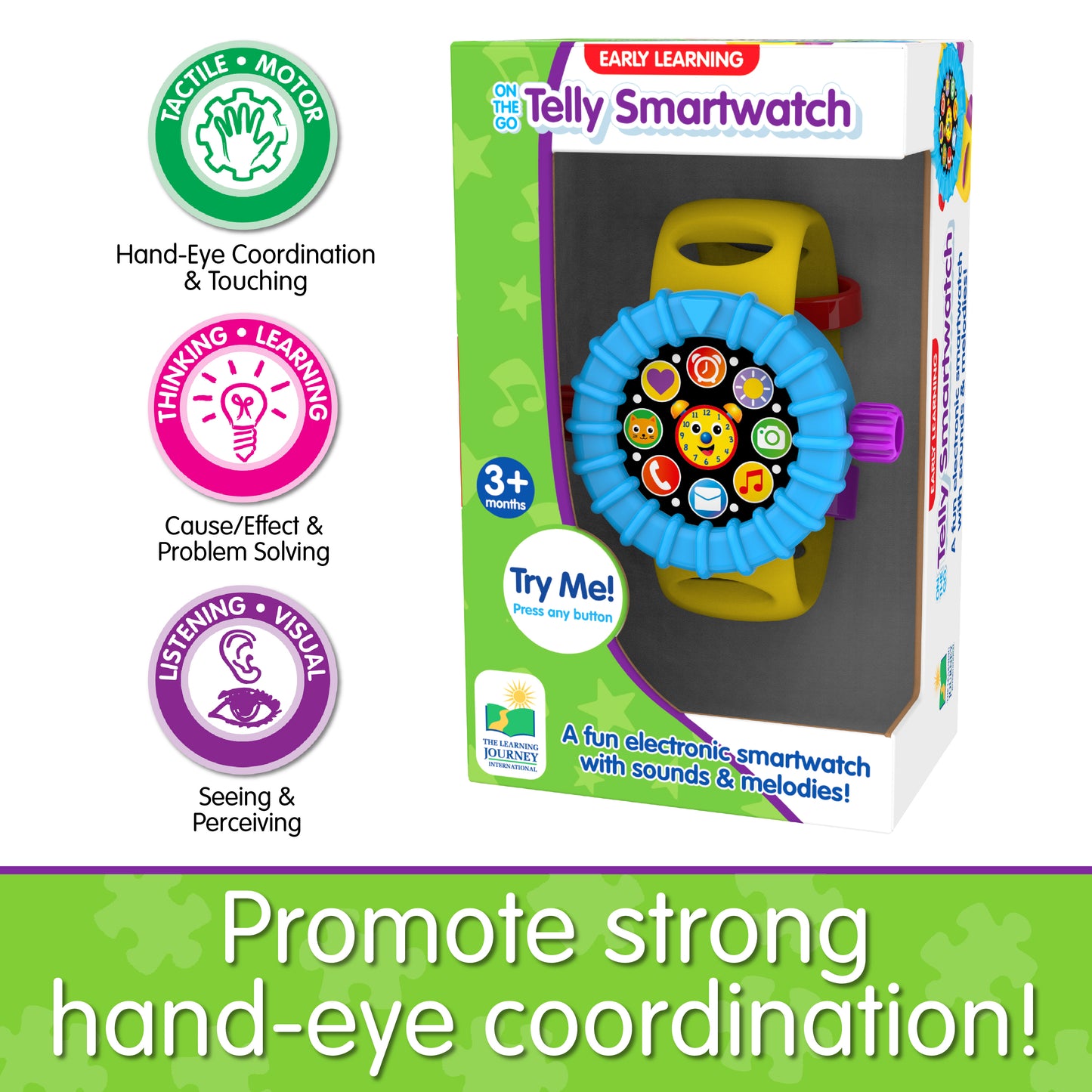 Infographic about On The Go Telly Smartwatch's educational benefits that says, "Promote strong hand-eye coordination!"