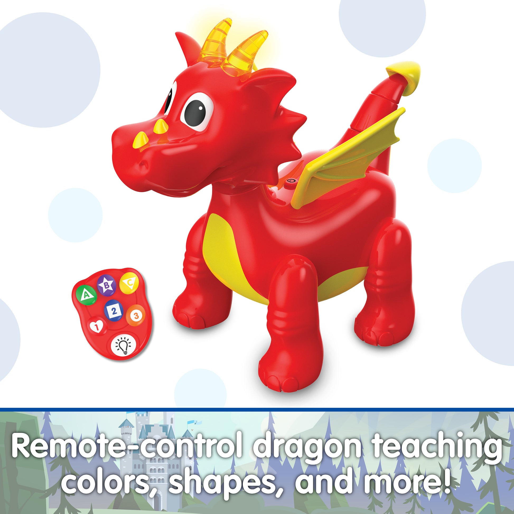 Infographic about Dancing Dragon that says, "Remote-control dragon teaching colors, shapes, and more!"