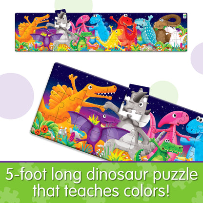 Infographic about Long and Tall Color Dancing Dinos Puzzle that says, "5-foot long dinosaur puzzle that teaches colors!"