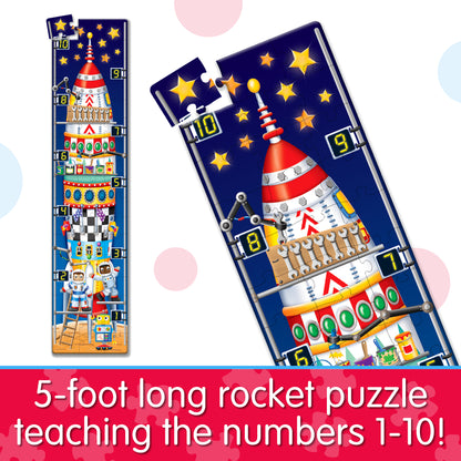 Infographic about Long and Tall 123 Rocketship Puzzle that says, "5-foot long rocket puzzle teaching the numbers 1-10!"