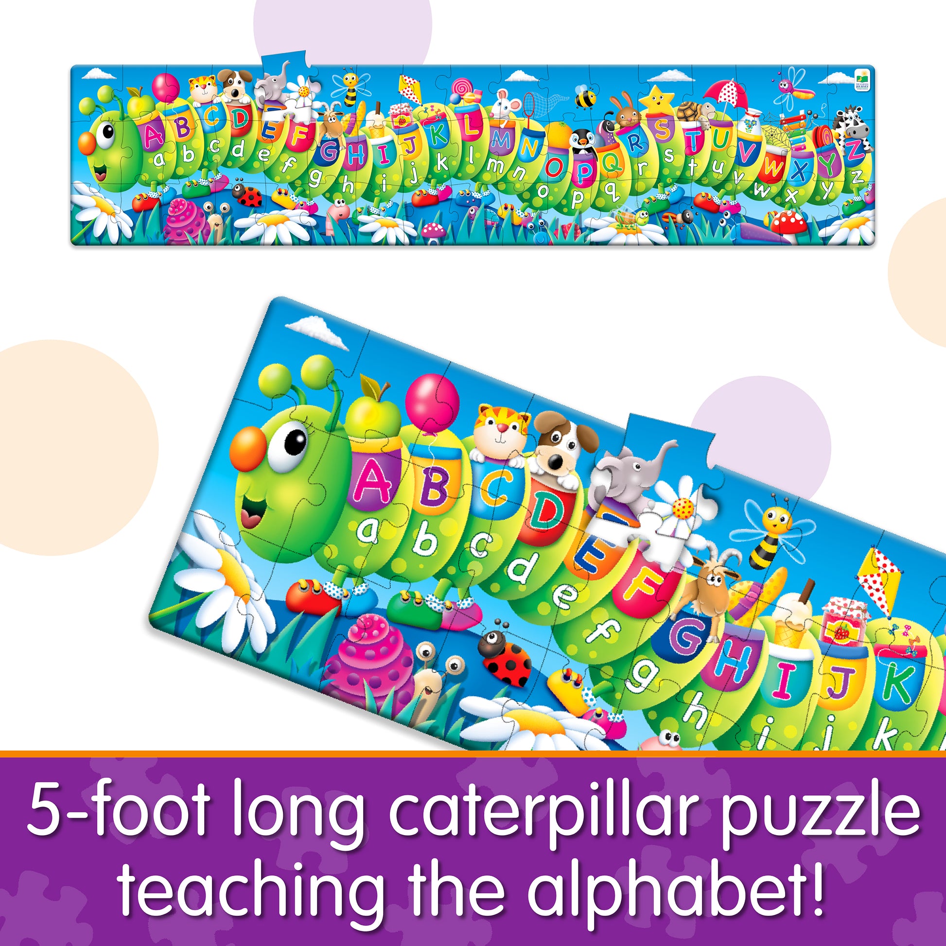 Infographic about Long and Tall ABC Caterpillar Puzzle that says, "5-foot long caterpillar puzzle teaching the alphabet!"