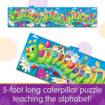 Infographic about Long and Tall ABC Caterpillar Puzzle that says, "5-foot long caterpillar puzzle teaching the alphabet!"