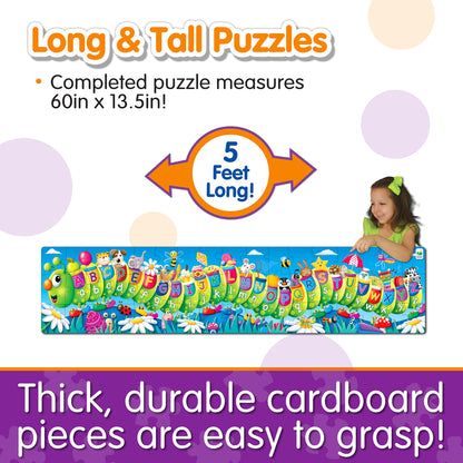 Infographic about Long and Tall ABC Caterpillar Puzzle's features that says, "Thick, durable cardboard pieces are easy to grasp!"