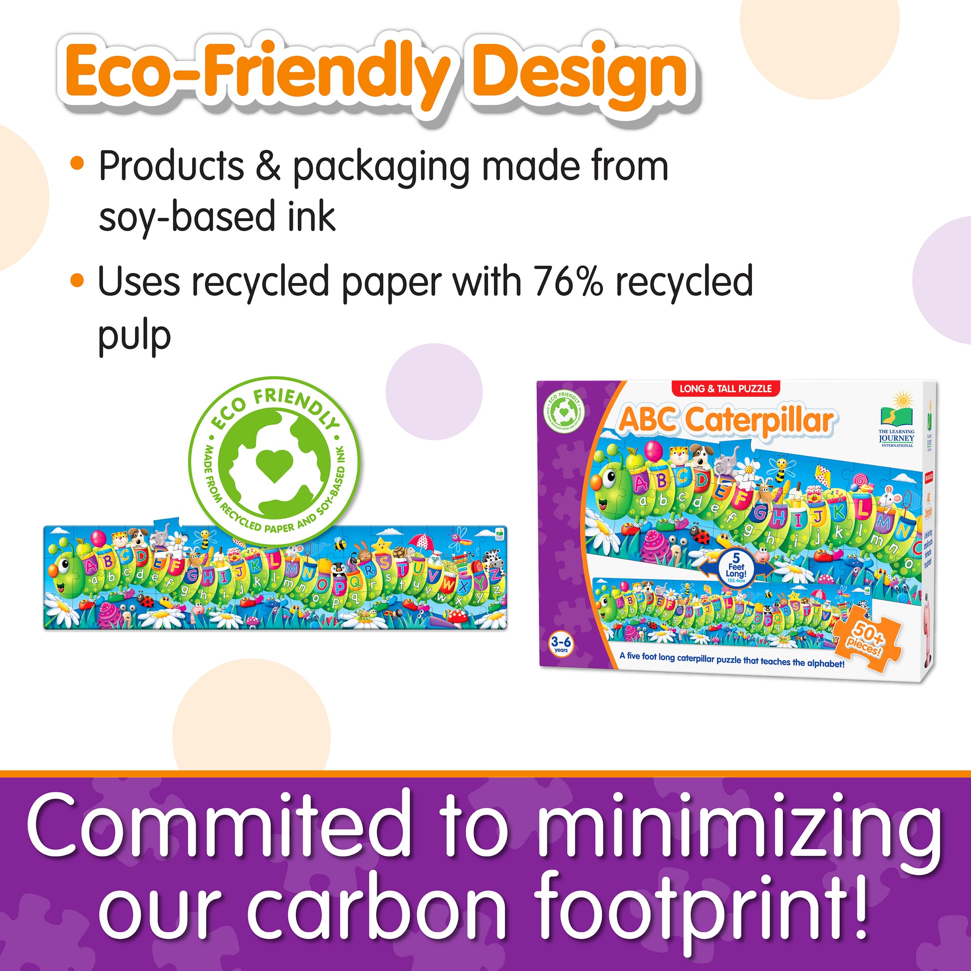 Infographic about Long and Tall ABC Caterpillar Puzzle's eco-friendly design that says, "Committed to minimizing our carbon footprint!"