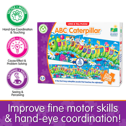 Infographic about Long and Tall ABC Caterpillar Puzzle's educational benefits that says, "Improve fine motor skills and hand-eye coordination!"