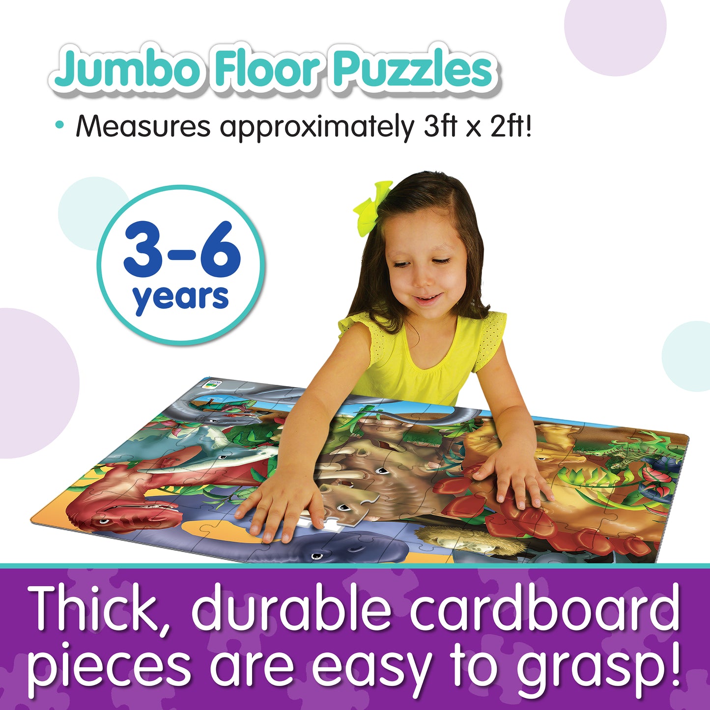 Infographic of young girl playing with Jumbo Floor Puzzle - Dinosaurs that reads, "Thick, durable cardboard pieces are easy to grasp!"
