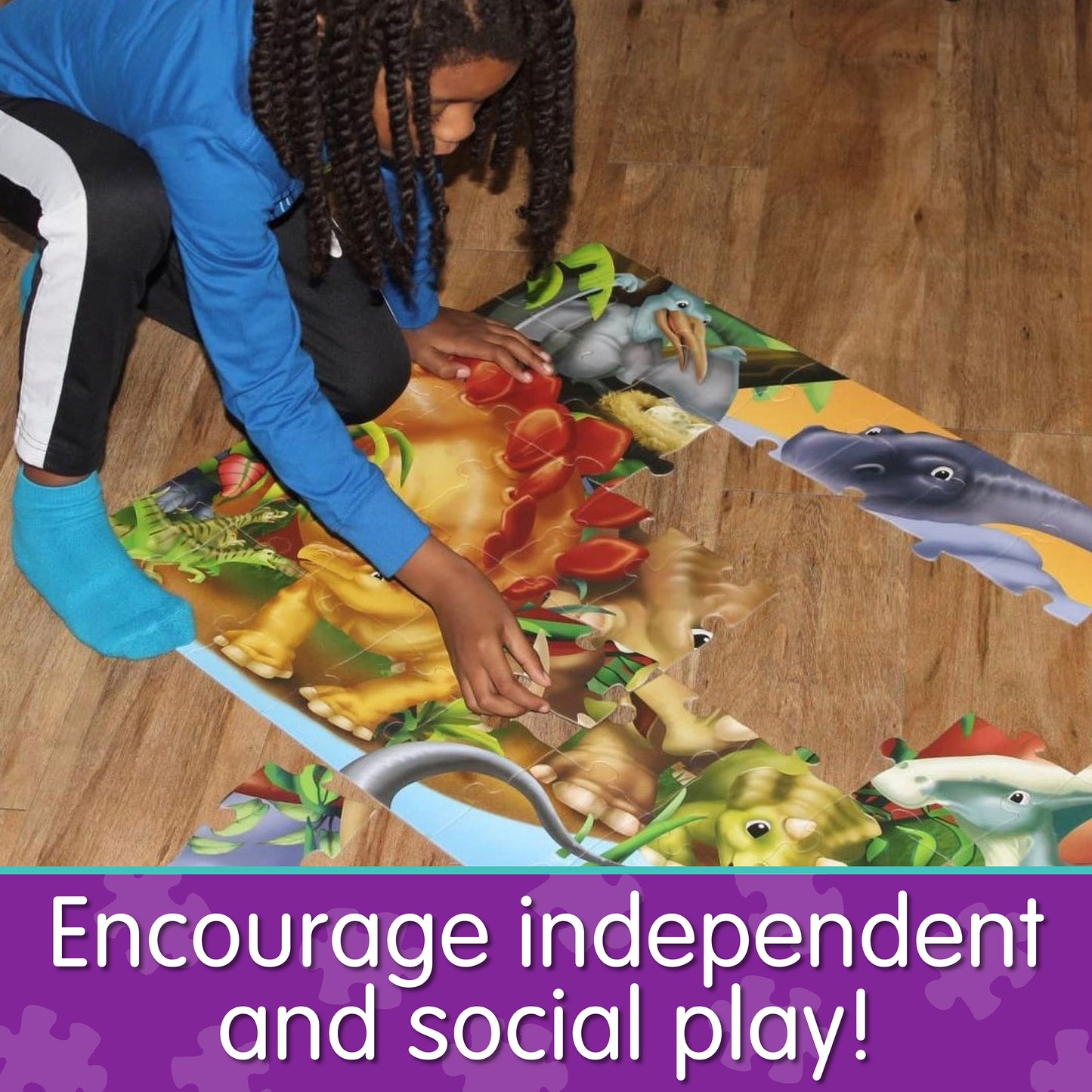 Infographic of young boy playing with Jumbo Floor Puzzle - Dinosaurs that reads, "Encourage independent and social play!"