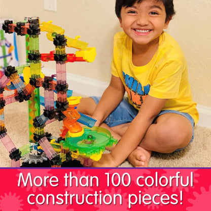 Infographic with young boy constructing Crankster 3.0 that says, "More than 100 colorful construction pieces!"