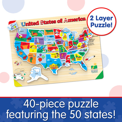 Infographic of Lift and Learn USA Map Puzzle that says, "40-piece puzzle features the 50 states!"