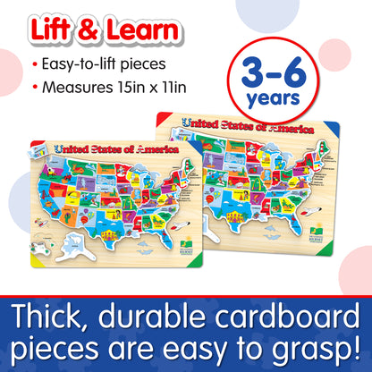 Infographic of Lift and Learn USA Map Puzzle's features that says, "Thick, durable cardboard pieces are easy to grasp!"