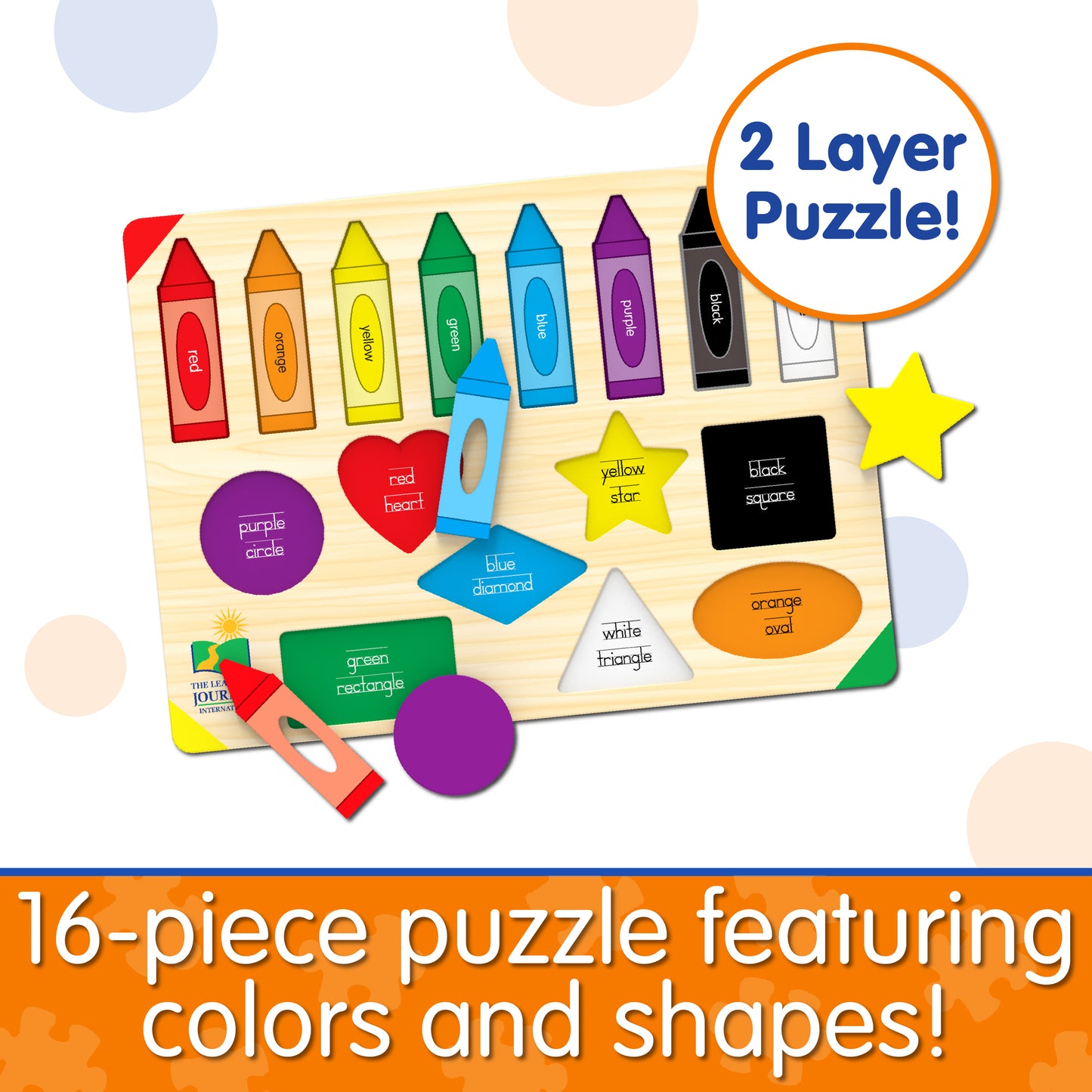 Infographic of Lift and Learn Colors and Shapes Puzzle that reads, "16-piece puzzle featuring colors and shapes!"