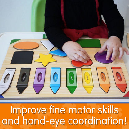 Infographic of young girl playing with Lift and Learn Colors and Shapes Puzzle that reads, "Improve fine motor skills and hand-eye coordination!"