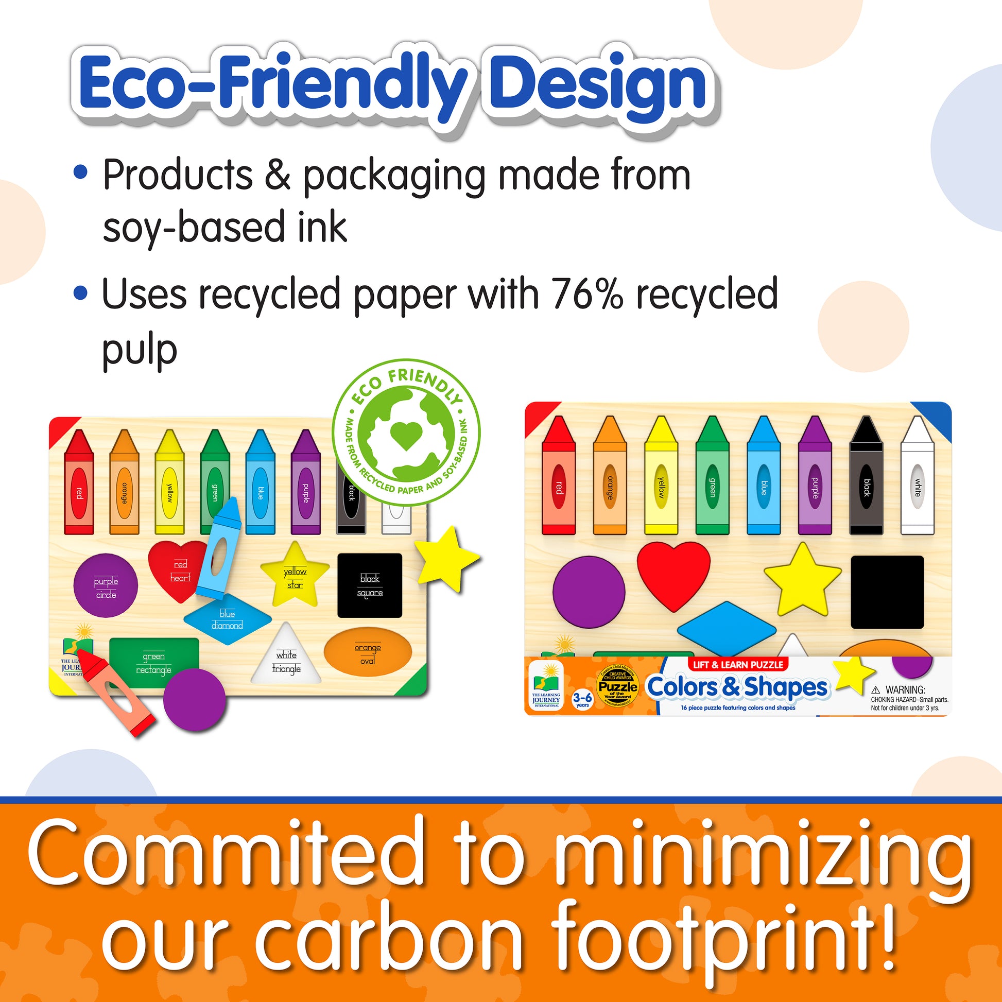 Infographic of Lift and Learn Colors and Shapes Puzzle's eco-friendly design that reads, "Committed to minimizing our carbon footprint!"