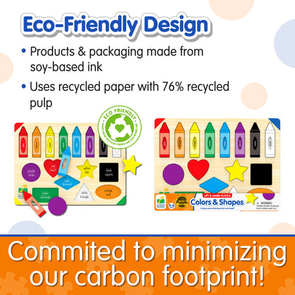 Infographic of Lift and Learn Colors and Shapes Puzzle's eco-friendly design that reads, "Committed to minimizing our carbon footprint!"