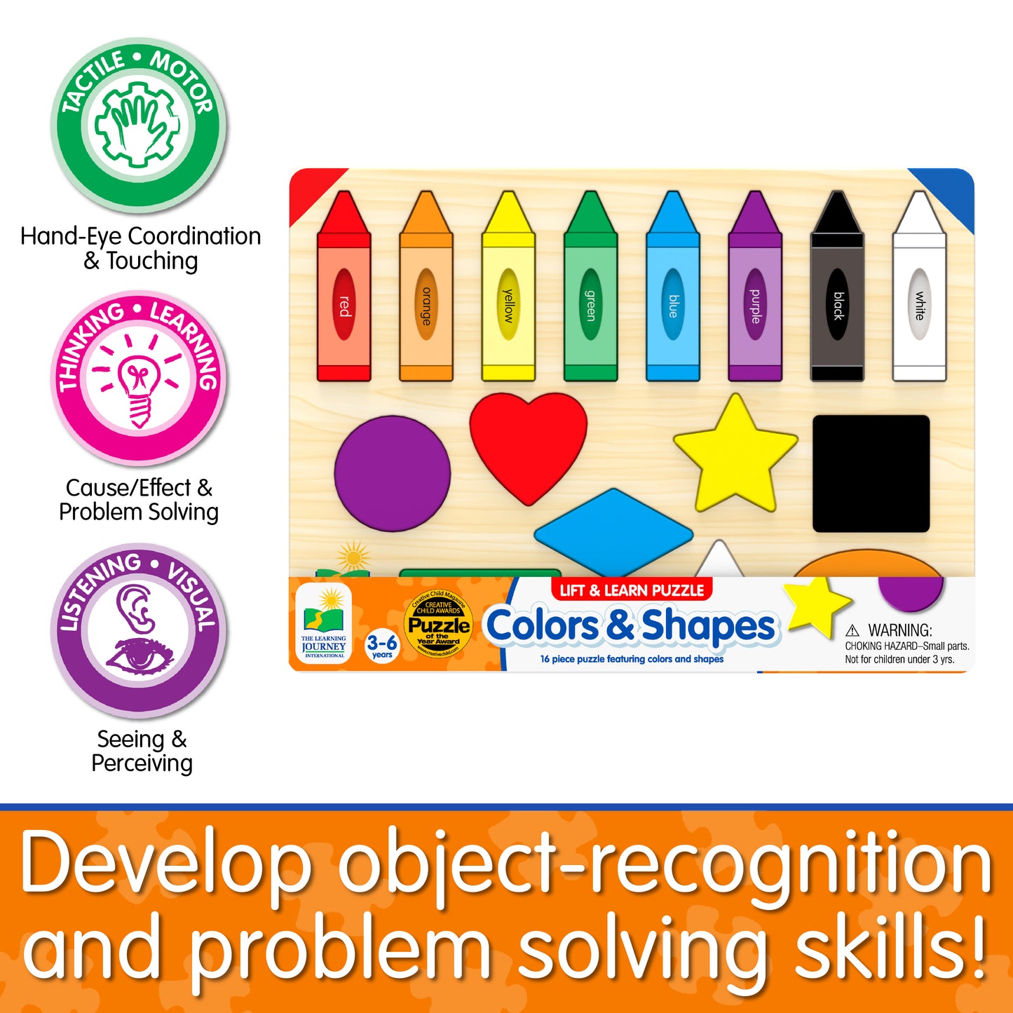 Infographic of Lift and Learn Colors and Shapes Puzzle's educational benefits that reads, "Develop object-recognition and problem solving skills!"