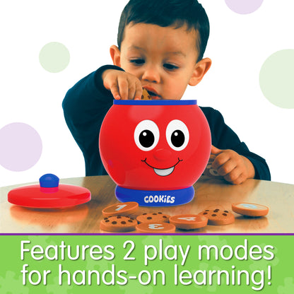 Infographic of young boy playing with Learn With Me Count and Learn Cookie Jar that reads, "Features 2 play modes for hands-on learning!"