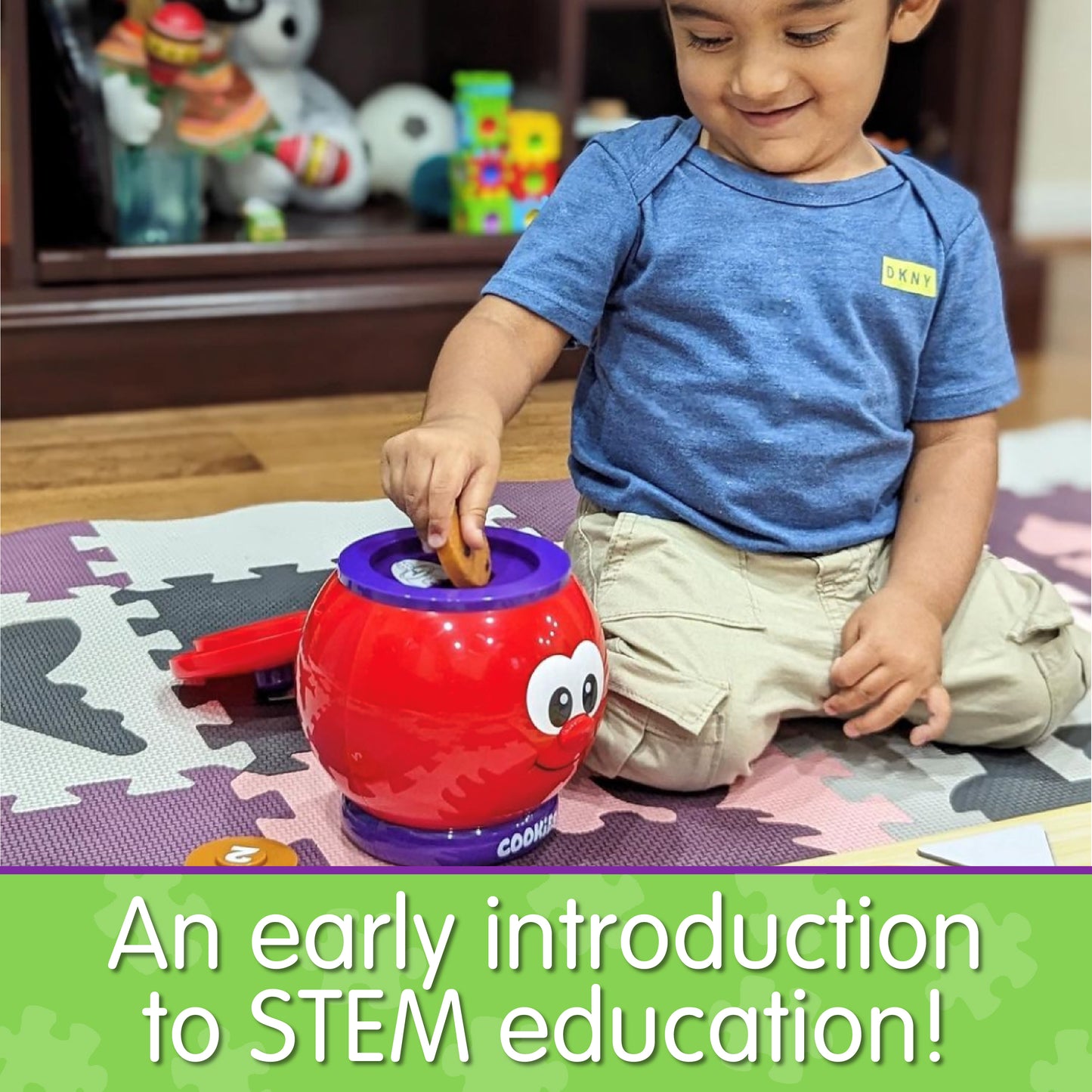 Infographic of young boy playing with Learn With Me Count and Learn Cookie Jar that reads, "An early introduction to STEM education!"