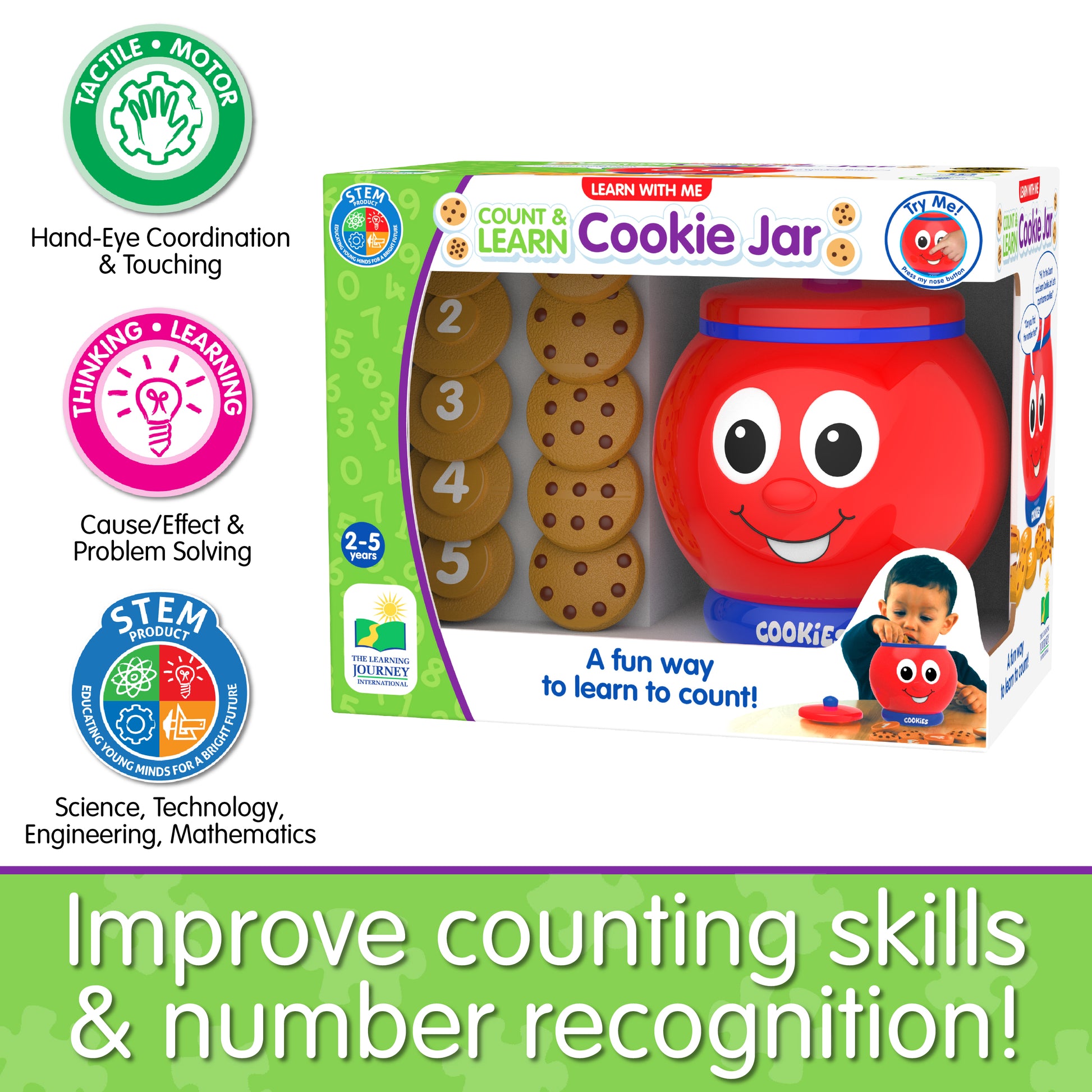 Infographic of Learn With Me Count and Learn Cookie Jar's educational benefits that reads, "Improve counting skills and number recognition!"