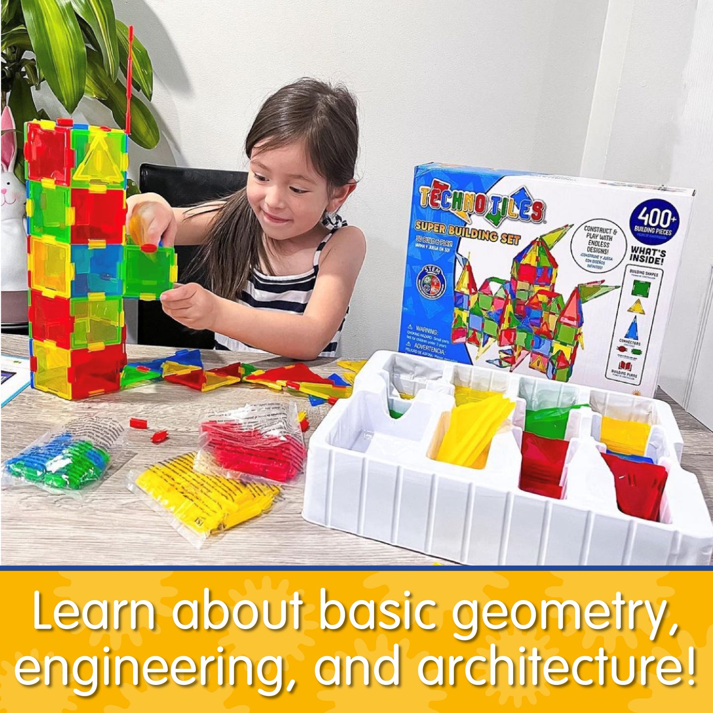 Infographic with girl playing with Techno Tiles that says, "Learn about basic geometry, engineering, and architecture!"