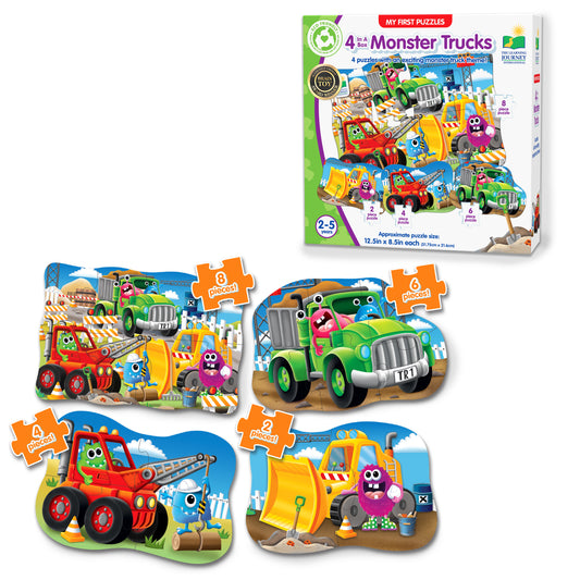 4-In-A-Box Monster Trucks Puzzle and packaging