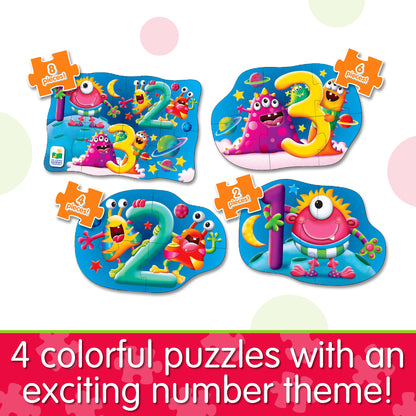 Infographic about 4-In-A-Box 123 Puzzle that says, "4 colorful puzzles with an exciting number theme!"