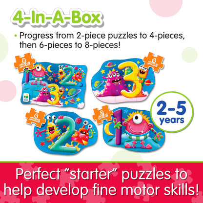 Infographic about 4-In-A-Box 123 Puzzle's features that says, "Perfect 'starter' puzzles to help develop fine motor skills!"
