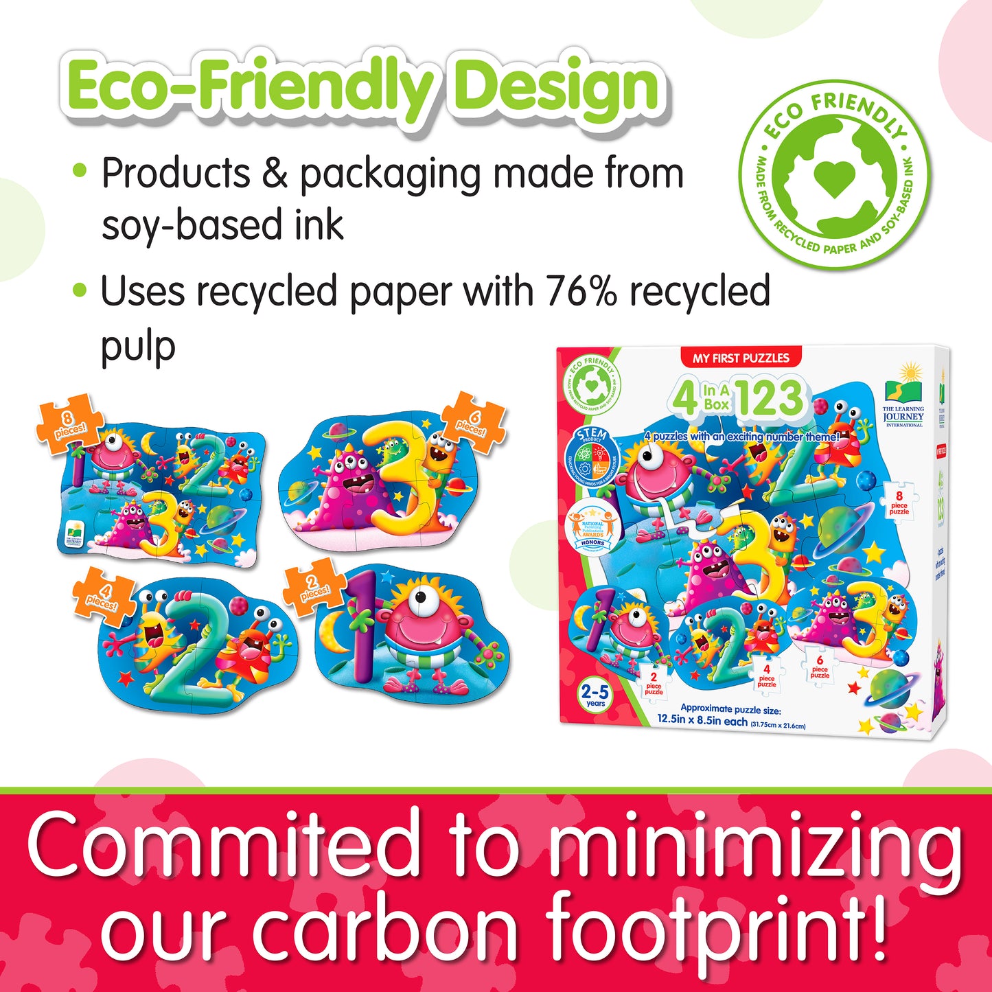 Infographic about 4-In-A-Box 123 Puzzle's eco-friendly design that says, "Committed to minimizing our carbon footprint!"
