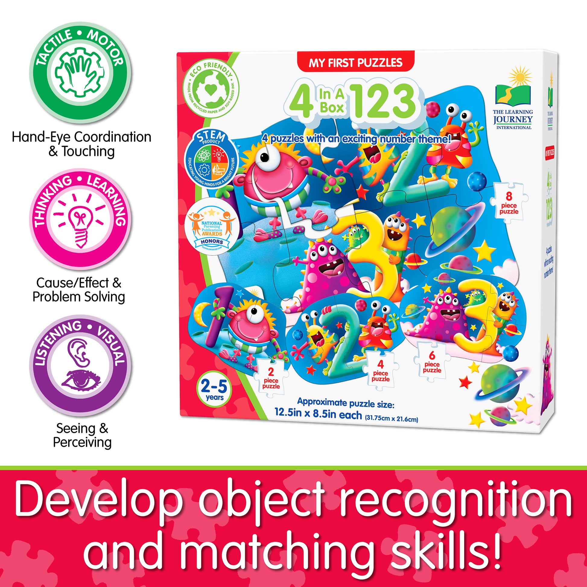 Infographic about 4-In-A-Box 123 Puzzle's educational benefits that says, "Develop object recognition and matching skills!"