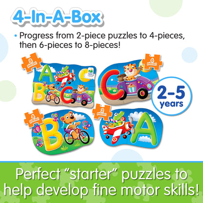 Infographic about 4-In-A-Box ABC Puzzle's features that says, "Perfect 'starter' puzzles to help develop fine motor skills!"