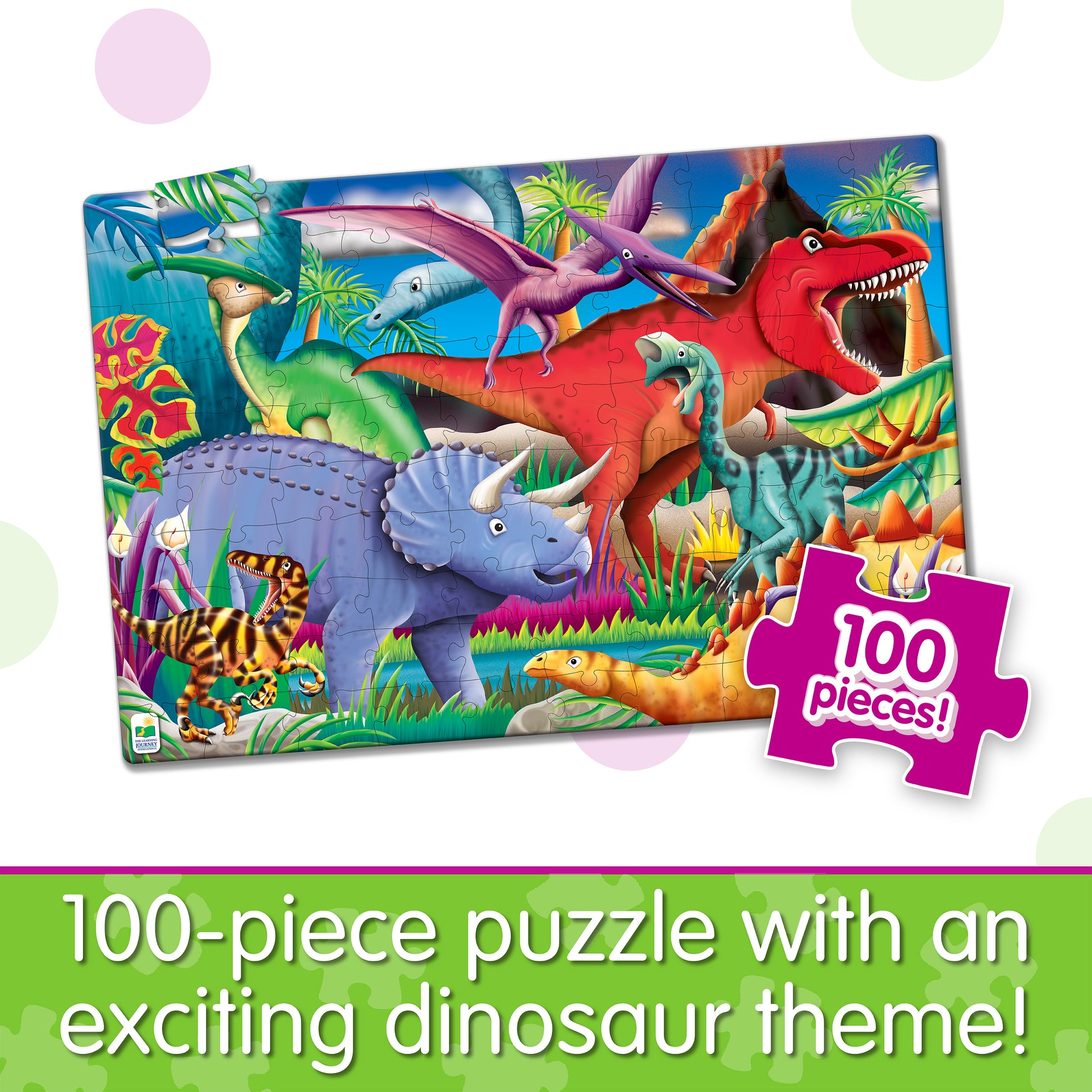 Infographic about Glow in the Dark - Dinos that says, "100-piece puzzle with an exciting dinosaur theme!"