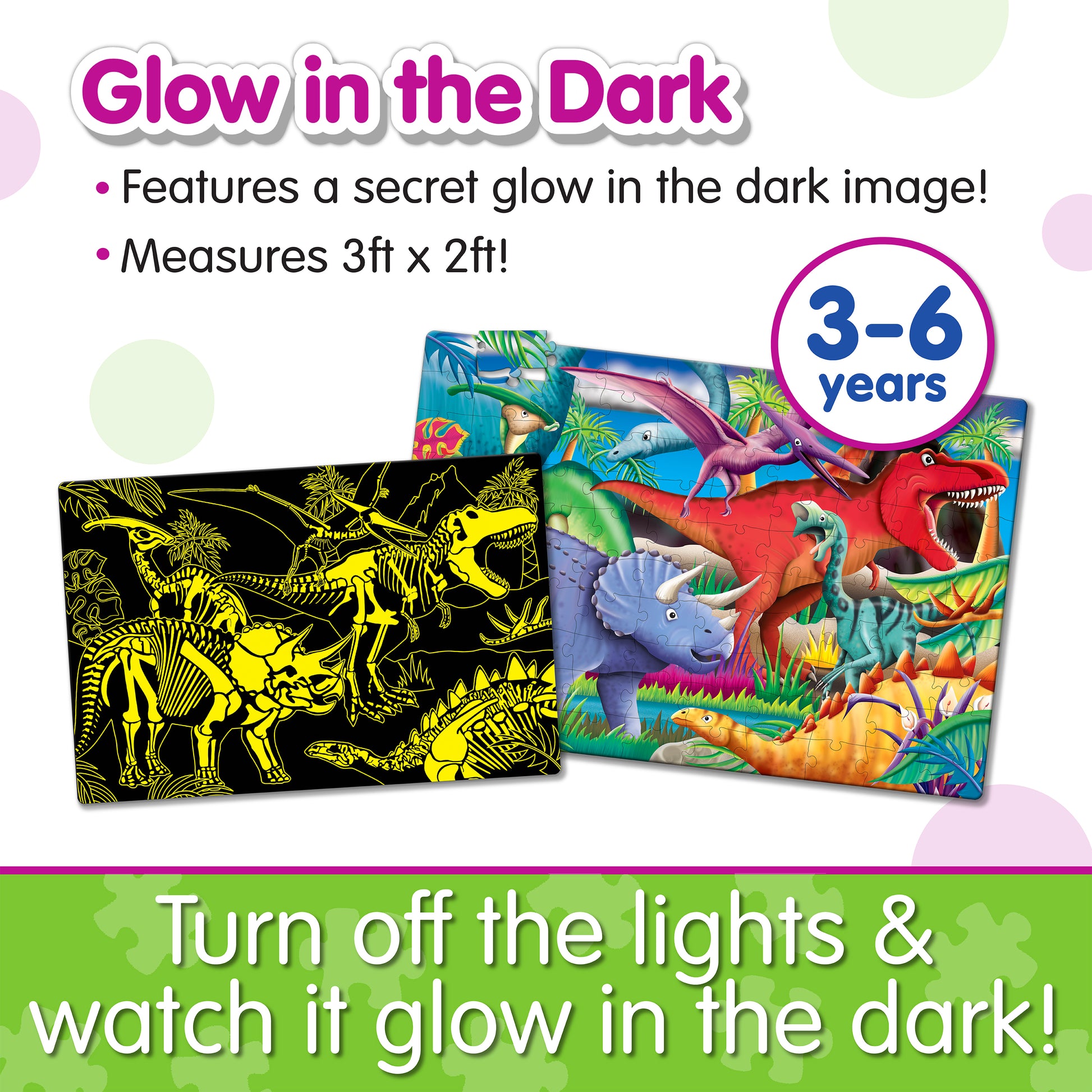 Infographic about Glow in the Dark - Dinos that says, "Turn off the lights and watch it glow in the dark!"
