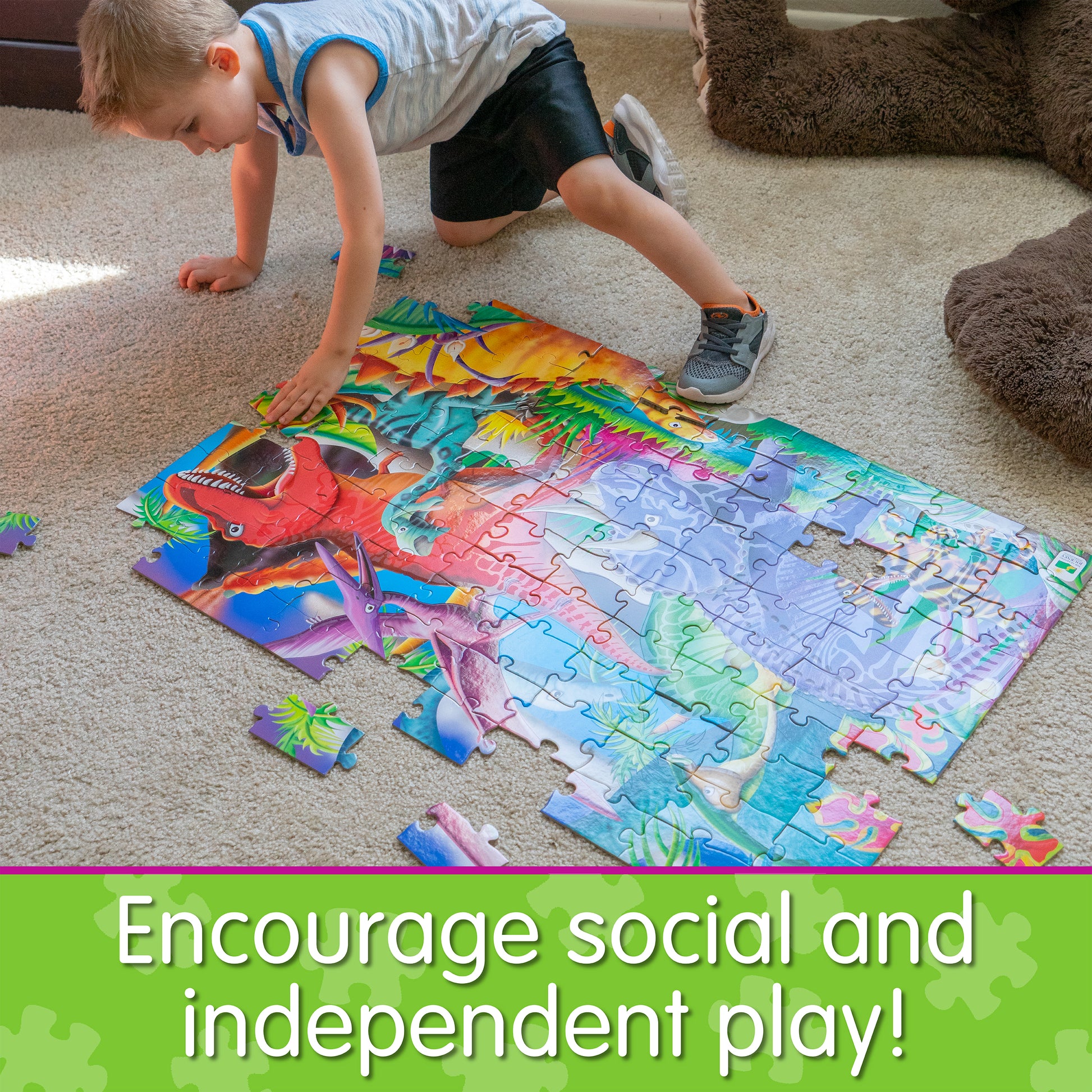 Infographic about Glow in the Dark - Dinos that says, "Encourage social and independent play!"