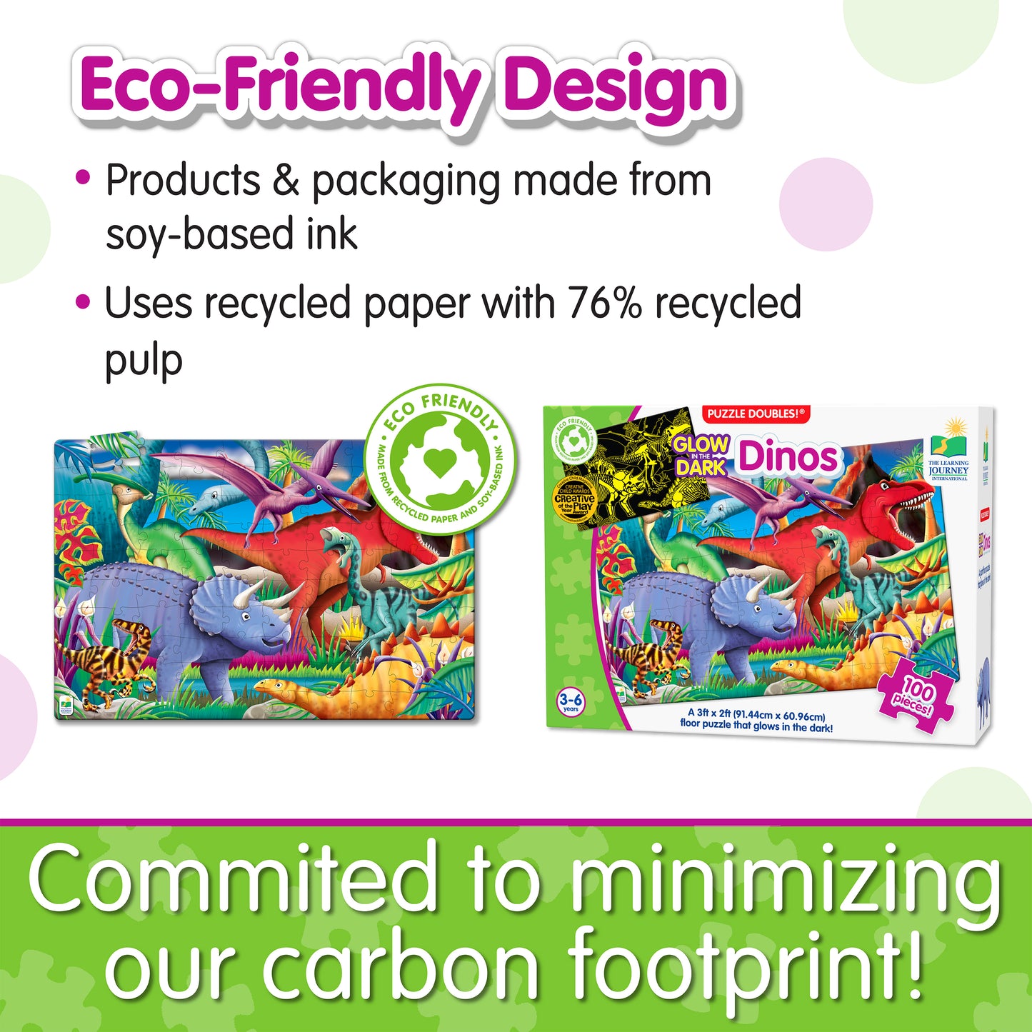 Infographic about Glow in the Dark - Dinos' eco-friendly design that says, "Committed to minimizing our carbon footprint!"