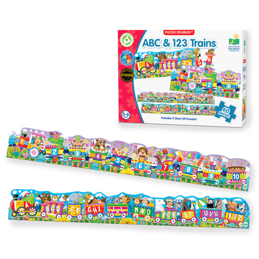 ABC and 123 Trains puzzles and packaging